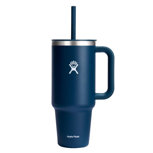 Hydro Flask All Around Travel Tumbler in navy blue with straw and durable handle for on-the-go hydration.
